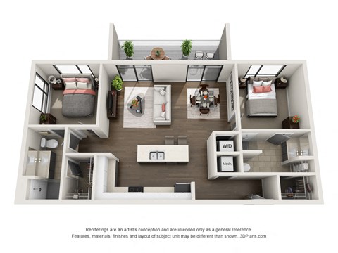 Floor plan for 2 beds, 2 baths, 985 sqft